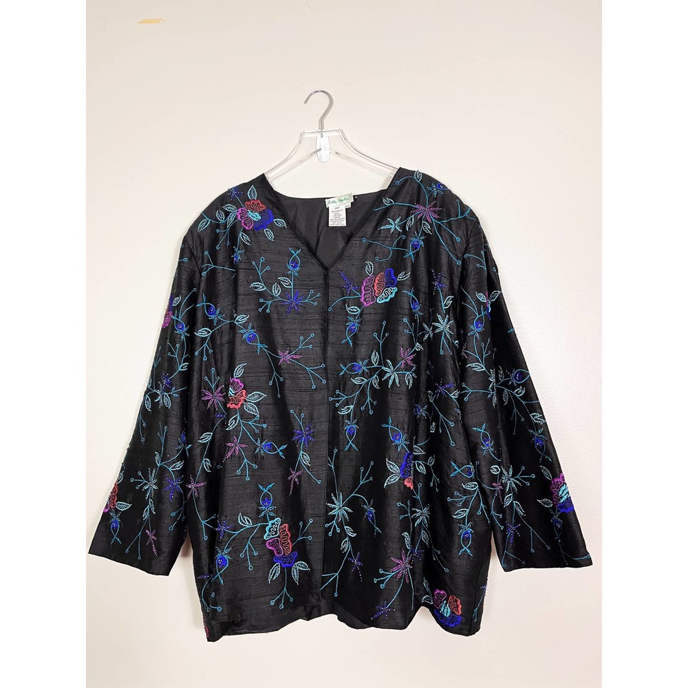 Ulla Popken Black 100% Silk Slub Beaded Jacket Size 28/30